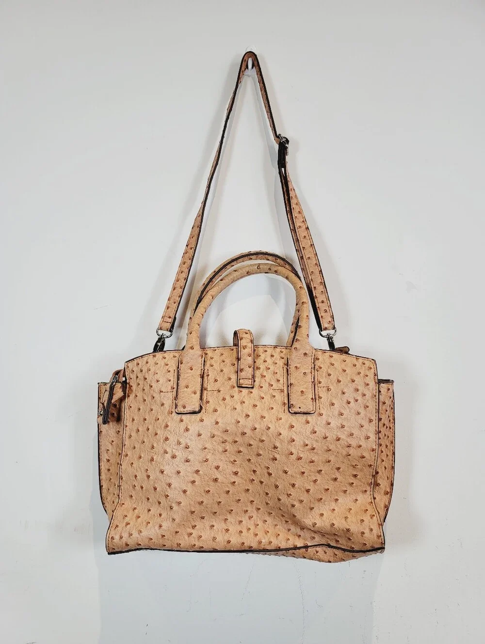 London Fog Faux Ostrich Satchel Purse in Camel Tan
